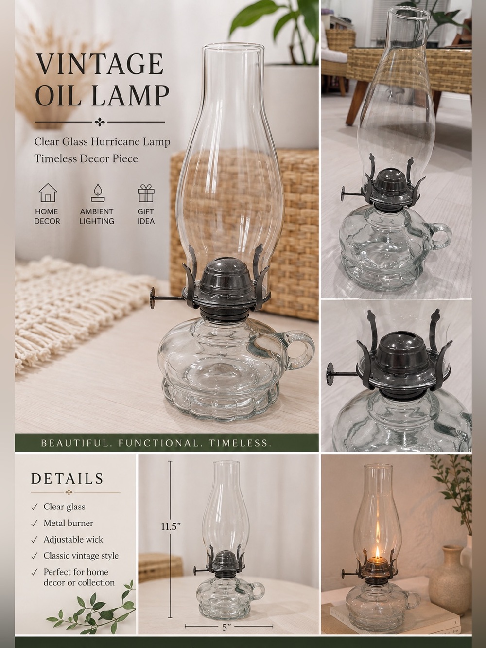Vintage Clear Glass Oil Lamp - Classic Home Accent
